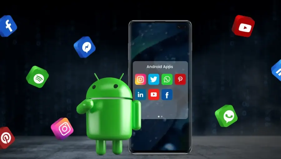 The Android mascot beside a smartphone, ringed by social and messaging app icons