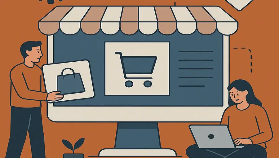 An illustrated online storefront on a monitor with a shopping cart, a shopper and a laptop user