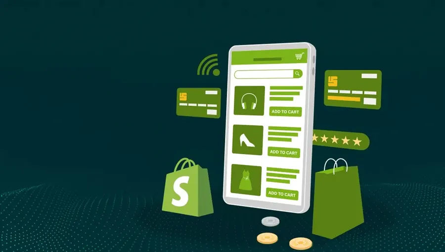 An illustrated Shopify storefront on a phone, with shopping bags, card payments and review stars