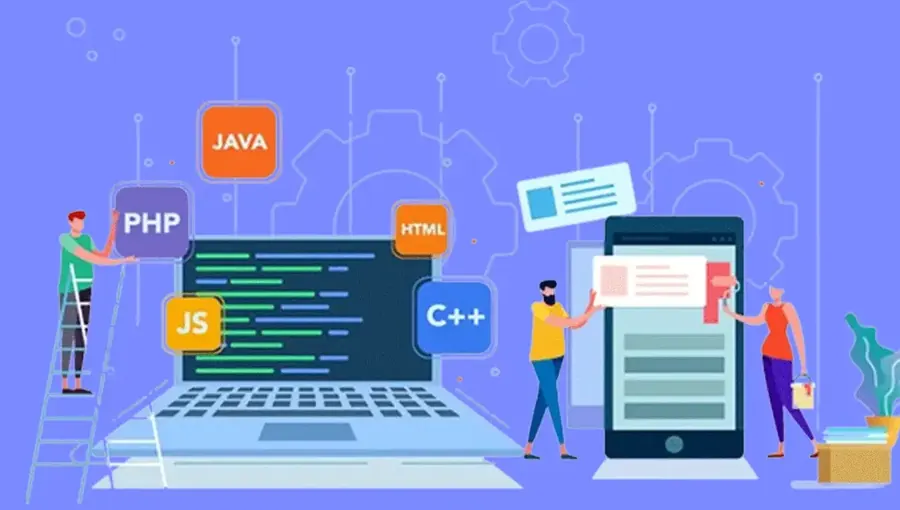 An illustrated laptop showing code, surrounded by JAVA, PHP, JS, HTML and C++ language badges