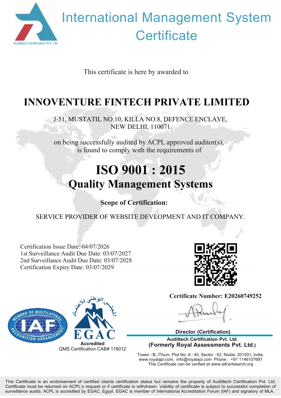 ISO 9001:2015 Quality Management Systems certificate awarded to Innoventure Fintech Private Limited by Audittech Certification Pvt. Ltd., certificate number E20260749252, valid until 3 July 2029.